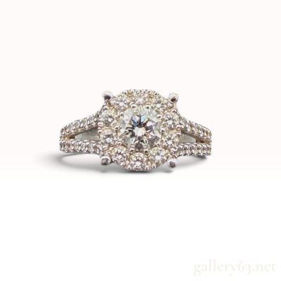 14K White Gold and 1.00ctw Natural Diamond Halo Split Shank Ring