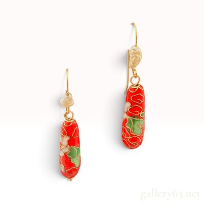 A Pair of 14 Karat Yellow Gold Red Cloisonne Enamel and Baroque Pearl Drop Earrings