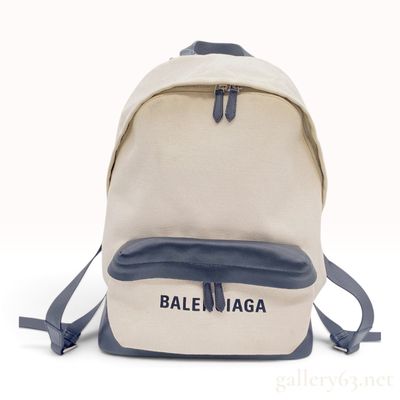 Balenciaga Navy Backpack in Beige Canvas and Black Leather