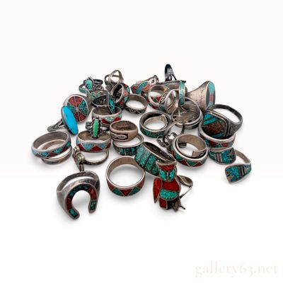 A Collection of Sterling Silver Turquoise and Coral Chip Inlay Rings