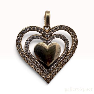 14K Yellow Gold and Clear Stone Triple Heart Pendant