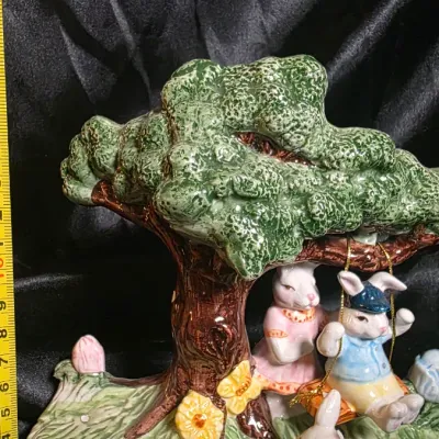 Vintage Crackle Barrel Inc Ceramic Bunny Rabbit Tree Swing Figurine Easter Decor