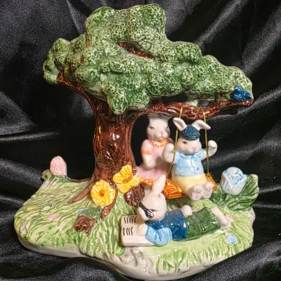 Vintage Crackle Barrel Inc Ceramic Bunny Rabbit Tree Swing Figurine Easter Decor