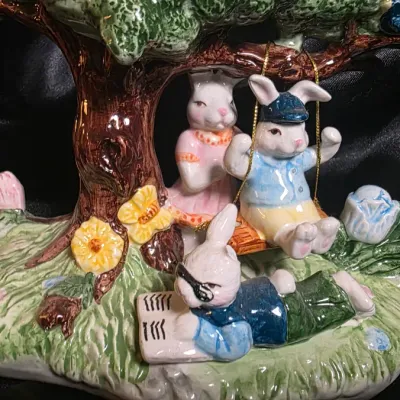 Vintage Crackle Barrel Inc Ceramic Bunny Rabbit Tree Swing Figurine Easter Decor