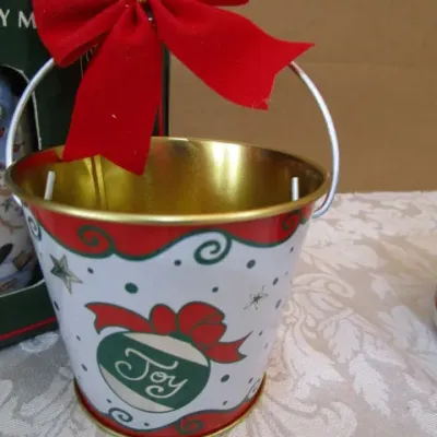 Sale Photo Thumbnail #514: One of the mugs is a soup mug, candy dish 5-1/2" x 6" , Tray, spoon rest & Santa face sack are hand painted See pictures