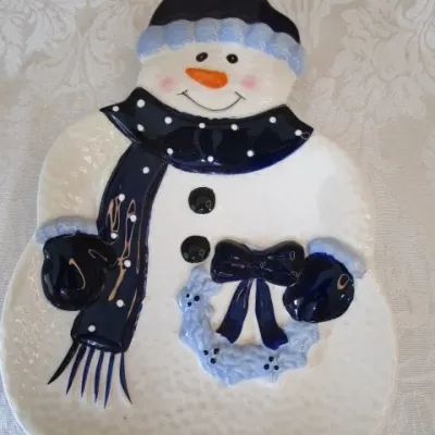 Sale Photo Thumbnail #513: One of the mugs is a soup mug, candy dish 5-1/2" x 6" , Tray, spoon rest & Santa face sack are hand painted See pictures