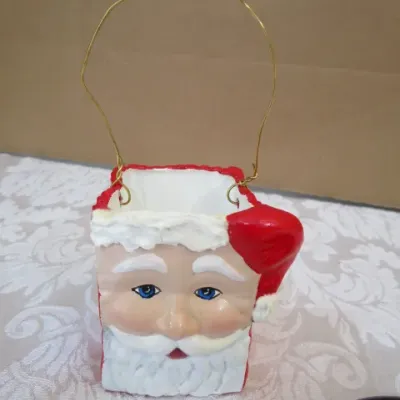 Sale Photo Thumbnail #516: One of the mugs is a soup mug, candy dish 5-1/2" x 6" , Tray, spoon rest & Santa face sack are hand painted See pictures
