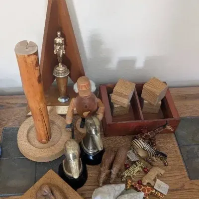 Vintage Collectibles Lot: German Erzgebirge Smoker, Brass Horse Bookends, Trophies & Miniature Anima