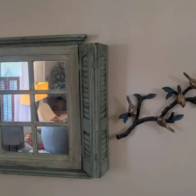Rustic Farmhouse-style Window Shutter Mirror, Vintage Birds-on-branch Cast Iron Wall Sculpture 