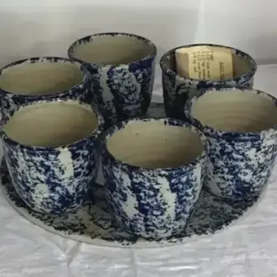 Vintage Blue & White Spongeware Pottery Cups, Tray & Stoneware Pitchers