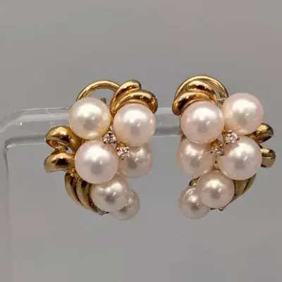 18K Gold, Pearl, and Diamond Earrings
