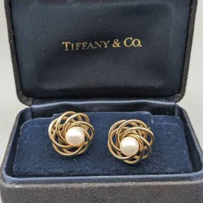 Tiffany 14K Gold and Pearl Love Knot Earrings