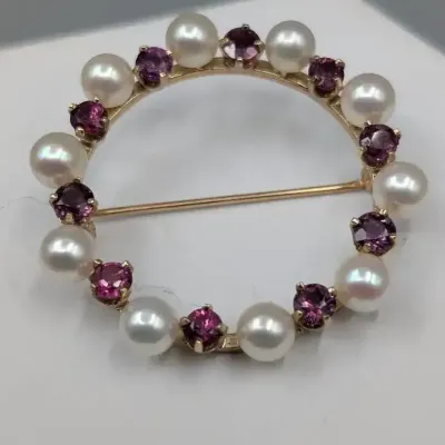 14K Pearl and Ruby Circle Pin