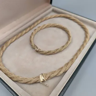 14K Gold Woven Mesh Necklace and Bracelet
