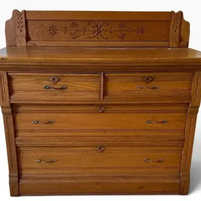 Antique Oak Dresser with Carved Floral Backsplash