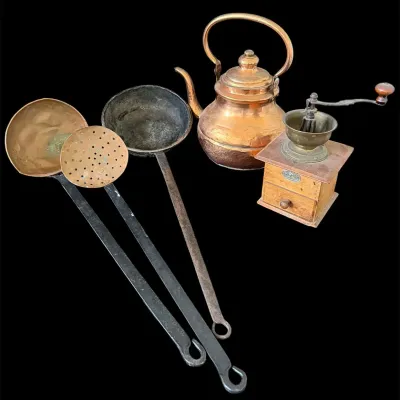 Vintage Copper Kitchenware Lot with Kettle, Hand-Crank Coffee Grinder & Long-Handled Utensils