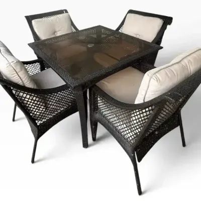 Outdoor Wicker 5-Piece Patio Dining Set with Glass-Top Table & Cushions 