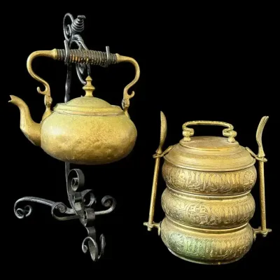 Antique Brass Teapot on Wrought Iron Stand & Engraved Three-Tier Tiffin Carrier
