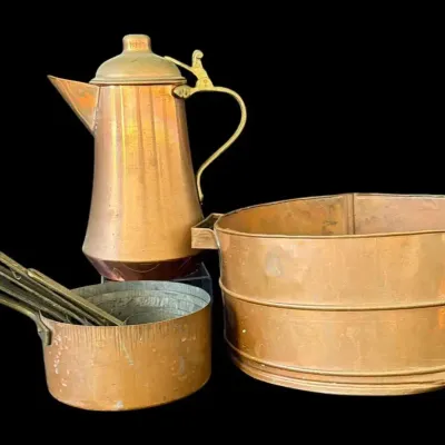 Copper Cookware Collection with Turkish Coffee Pot, Pans & Large Copper Basin