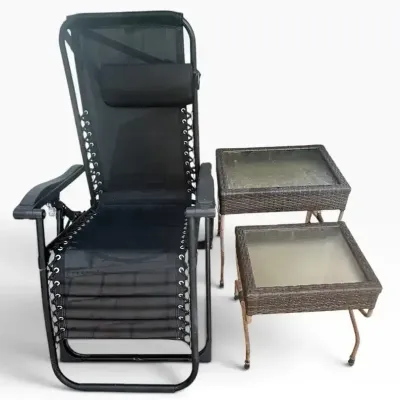Zero Gravity Patio Lounge Chair with Pair of Wicker Glass-Top Side Tables 