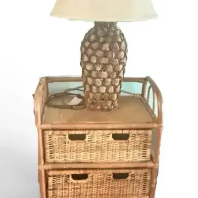 Vintage Rattan & Wicker 4-Drawer Storage Chest with Pineapple Table Lamp