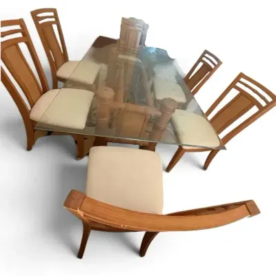 Bamboo Style Glass Top Dining Table with 6 Upholstered Chairs