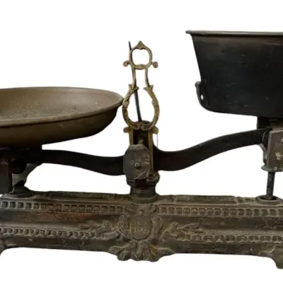 Antique Cast Iron Balance Scale with Brass Pans & Ornate Base