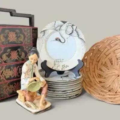 Japanese & Asian Decor Lot – Fitz and Floyd Crane Plates, Figurine & Tiered Container
