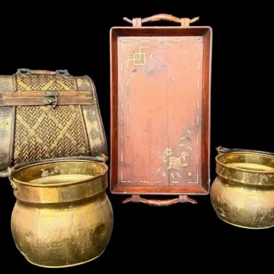 Antique Hammered Brass Pots, Wood Tray & Woven Chest