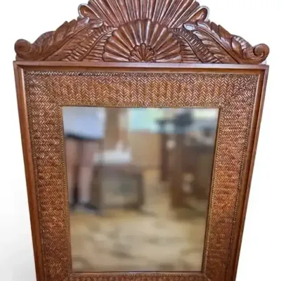 Carved Tropical Wood & Woven Rattan Wall Mirror - Made in Honduras