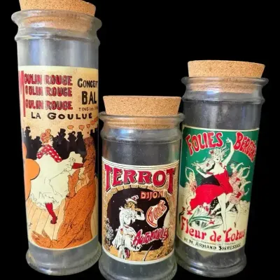 Moulin Rouge & French Advertising Glass Jars with Cork Lids