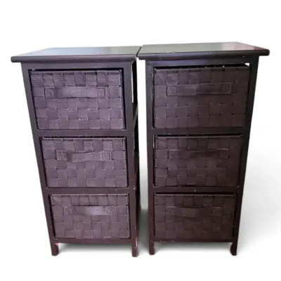 Dark Espresso 3-Drawer Storage Cabinets with Woven Baskets Pair