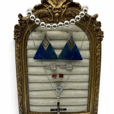 925 Jewelry (Bead Bracelet, Cross Necklace & Earrings) Plus Blue Costume Earrings
