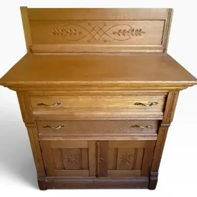 Antique Oak Washstand / Dry Sink Cabinet with Carved Backsplash
