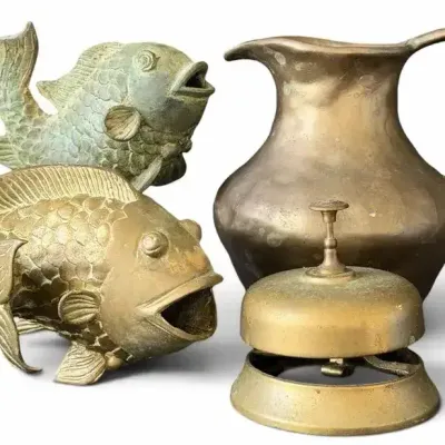 Vintage Brass Coastal Decor Lot – Fish, Pitcher & Service Bell 