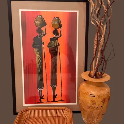 African-Inspired Decor Lot with Framed Art, Egyptian-Style Vase & Rattan Tray