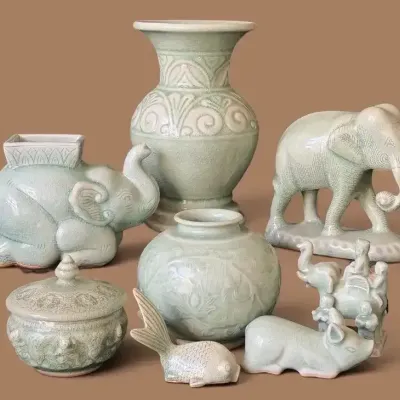 Thai Celadon Crackle-Glaze Pottery Collection - Elephants, Vases & Decorative Figures