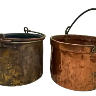 Pair of Vintage Copper & Brass Cauldrons with Iron Handles