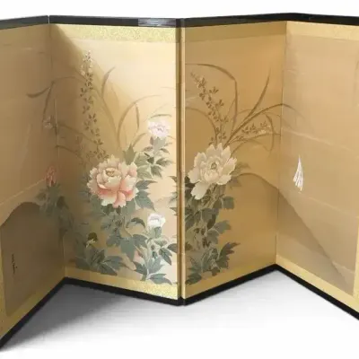 Japanese Four-Panel Floral Silk Folding Screen