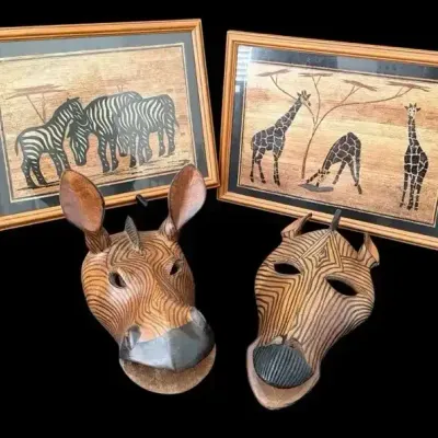 African Hand-Carved Wood Zebra Masks & Safari Artwork