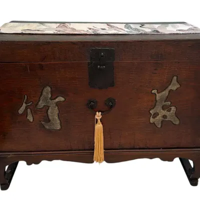 Chinese Style Wood Storage Chest with Calligraphy Interior & Crane Silk Textile