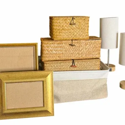 Woven Basket Storage, Modern Lamps & Gold Frames