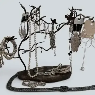 Silver-Tone Statement Jewelry And Display Tree