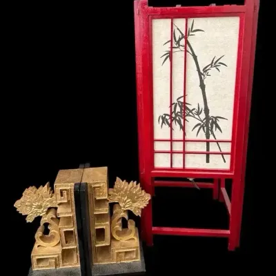 Asian Bamboo Shoji Lamp & Gold-Tone Pagoda Bookends