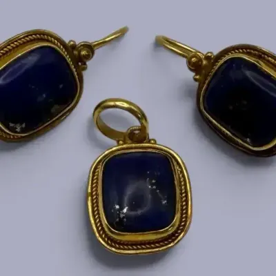 Vintage 14K Yellow Gold Blue Stone Pendant & Earring Set – Marked 585 