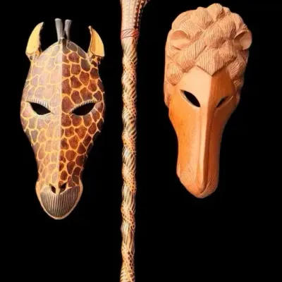 Hand-Carved Wood Giraffe Masks & Walking Stick