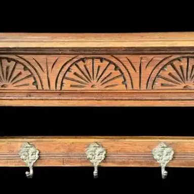 Carved Wood Wall Shelf with Three Decorative Hooks 