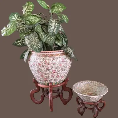 Chinese Rose Medallion Porcelain Planters on Wood Stands