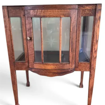 Antique Oak Curio Display Cabinet with Etched Glass