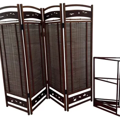 Asian Style Folding Room Divider Screen with Bamboo Panels & Bird Cutout Detail